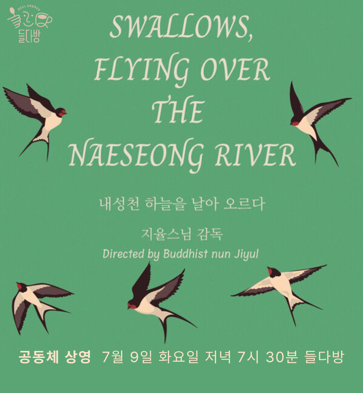 영화 상영 포스터. 제비들이 날아다니는 그림을 배경으로 'Swallows, flying over the Naeseong river. 내성천 하늘을 날아 오르다. 지율스님 감독. Directed by Buddhist nun Jiyul. 공동체 상영. 7월 9일 화요일 저녁 7시 30분 들다방'이라는 문구가 적혀있다.