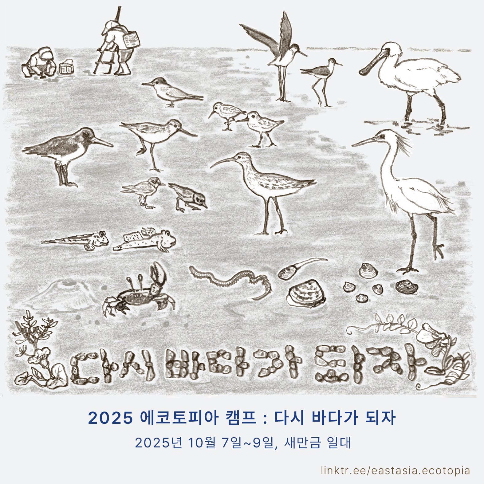 연대 캠프를 알리는 홍보물이다. 도요새, 물떼새, 저어새, 갈매기 등의 조류와 망둥어, 게, 여러 조개류, 갯지렁이, 갯완두 등 갯벌에 사는 작은 생물들과 맨손어업중인 어민들이 담긴 갯벌의 풍경을 그린 드로잉이 화면의 중앙에 있고 아래에는 다음의 문구가 적혀있다. ‘2025 에코토피아 캠프 : 다시 바다가 되자, 2025년 10월 7일~9일, 새만금 일대, linktr.ee/eastasia.ecotopia’